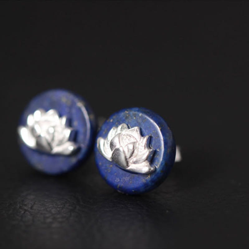 Buddha Stones Lazurite 925 Sterling Silber Lotus Muster Erleuchtung Ohrringe  - image 1