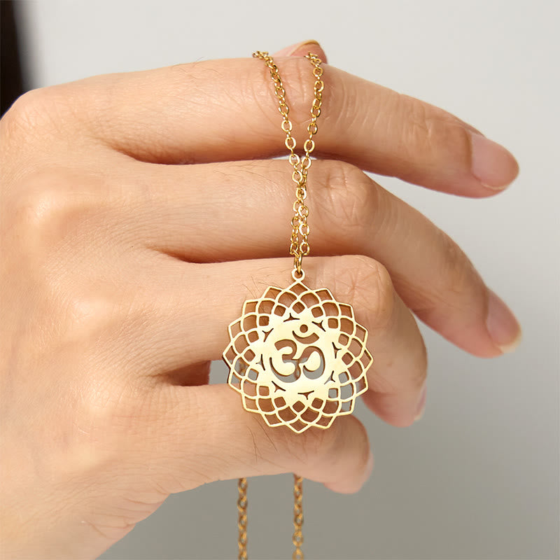 Buddha Stones ​​Hohl Lotus Design Om Symbol Edelstahl Verbindung Halskette Anhänger - image 5