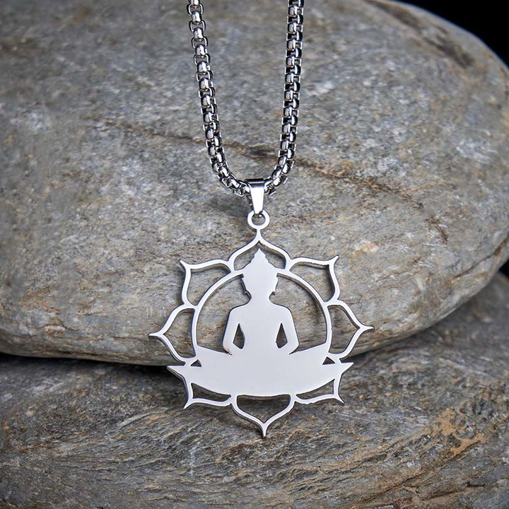 Buddha Stones Vintage Lotus Sitzender Buddha Design Edelstahl Erleuchtung Halskette Anhänger - Silber - image 8