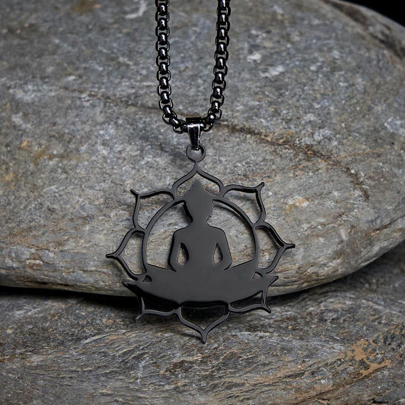 Buddha Stones Vintage Lotus Sitzender Buddha Design Edelstahl Erleuchtung Halskette Anhänger - Schwarz - image 14
