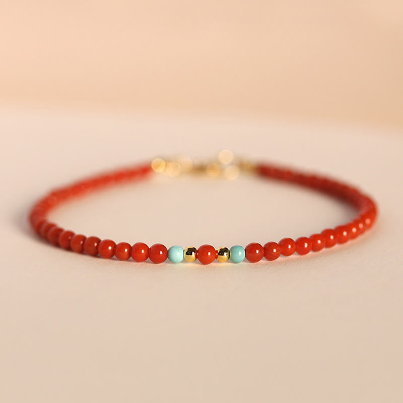 Buddha Stones 3 mm natürliches südrotes Achat-Armband mit ultradünnen Perlen - 3 mm Südroter Achat und Türkis (Handgelenkumfang: 14–17 cm) - image 0