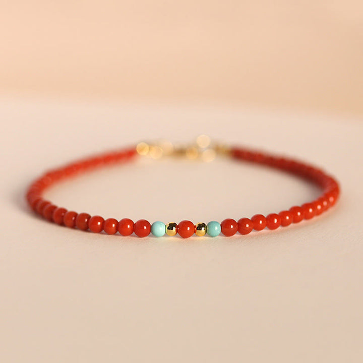 Buddha Stones 3 mm natürliches südrotes Achat-Armband mit ultradünnen Perlen - 3 mm Südroter Achat und Türkis (Handgelenkumfang: 14–17 cm) - image 0