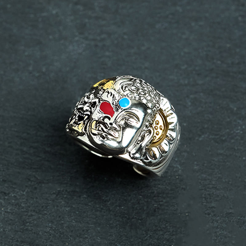 Buddha Stones Halb Dämon Halb Buddha Lotus Kupfer Serenity Verstellbarer Ring - image 3