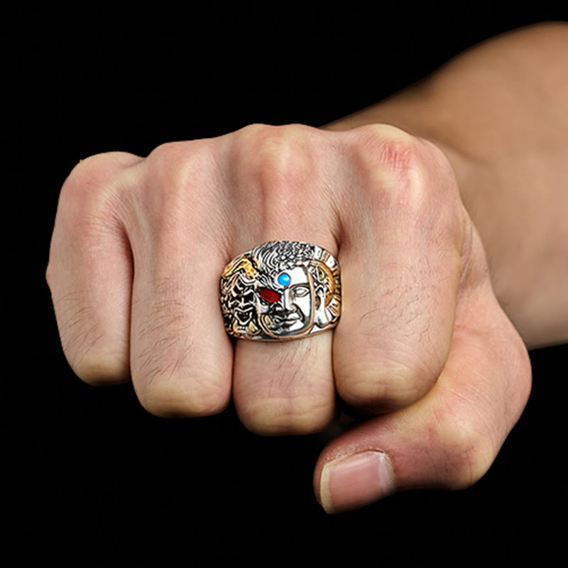 Buddha Stones Halb Dämon Halb Buddha Lotus Kupfer Serenity Verstellbarer Ring - image 2