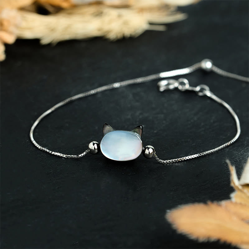 Buddha Stones Armband aus 925er Sterlingsilber mit Tridacna-Stein und Katzenkopf-Segnungskette - Schwarzer Tridacna-Stein - 17-22 cm - image 0