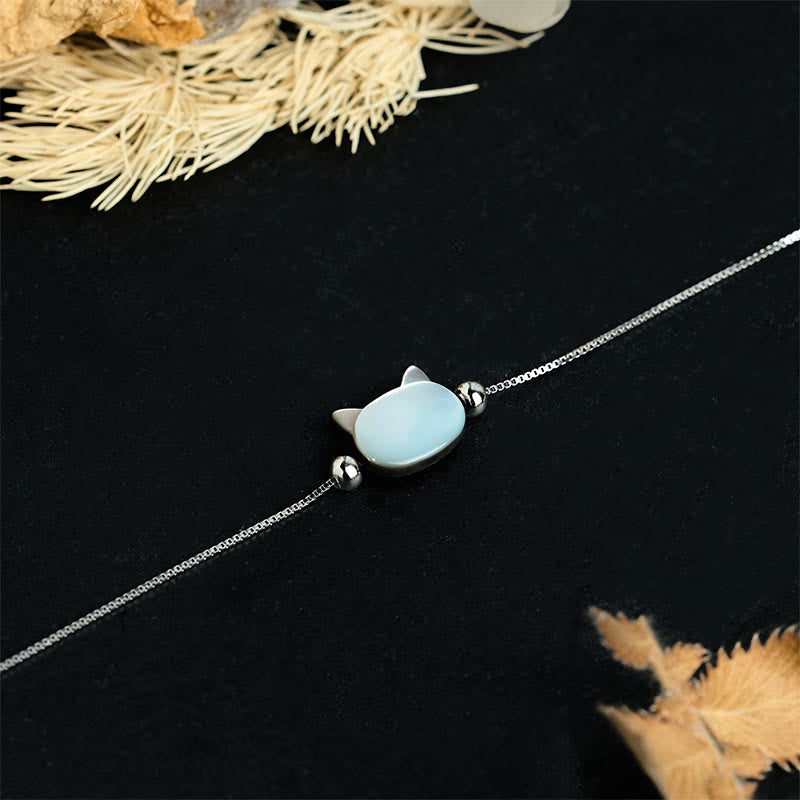 Buddha Stones Armband aus 925er Sterlingsilber mit Tridacna-Stein und Katzenkopf-Segnungskette - image 1