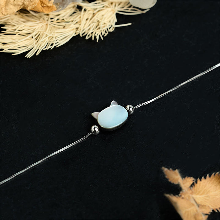 Buddha Stones Armband aus 925er Sterlingsilber mit Tridacna-Stein und Katzenkopf-Segnungskette - image 1