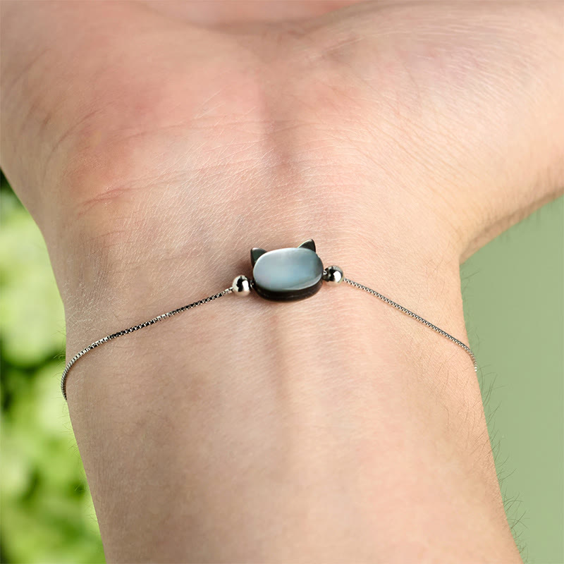 Buddha Stones Armband aus 925er Sterlingsilber mit Tridacna-Stein und Katzenkopf-Segnungskette - image 4