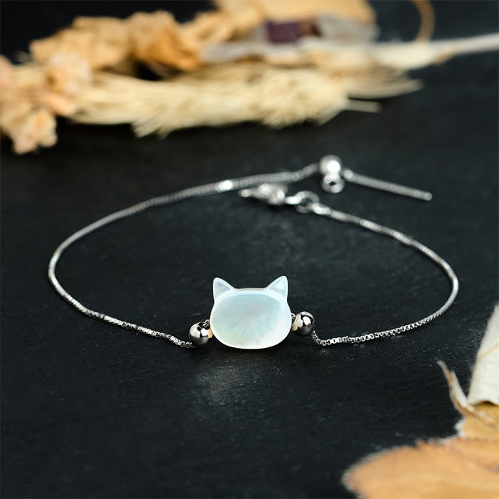 Buddha Stones Armband aus 925er Sterlingsilber mit Tridacna-Stein und Katzenkopf-Segnungskette - Weißer Tridacna-Stein - 17-22 cm - image 8