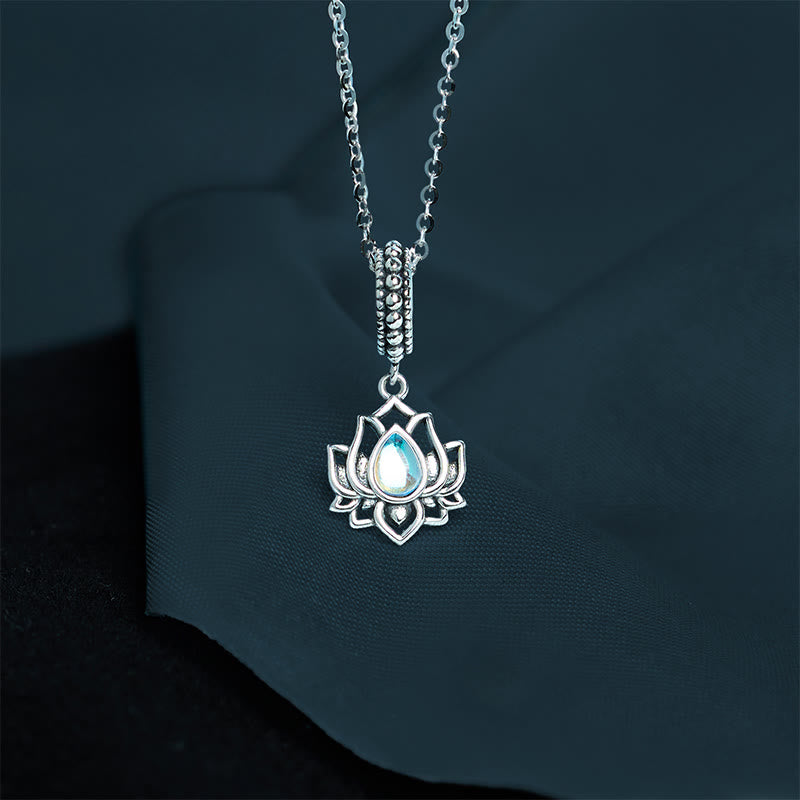 Buddha Stones 925 Sterling Silber Lotus Design Mondstein Heilung Halskette Anhänger - Mondstein - image 0