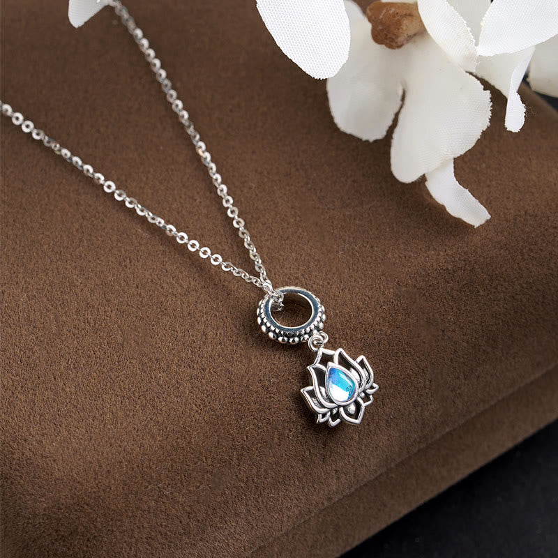 Buddha Stones 925 Sterling Silber Lotus Design Mondstein Heilung Halskette Anhänger - image 1
