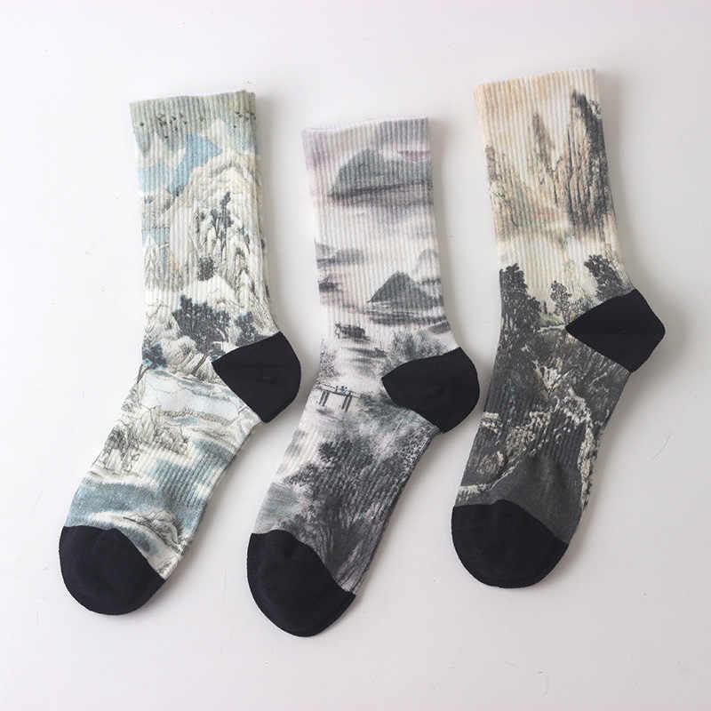 Buddha Stones, chinesische Tuschmalerei, Landschaftsmuster, Micro Crew, drei Paar Socken für Herren und Damen, Unisex - Drei Paar Socken mit Farbtupfern - Einheitsgröße (US 5,5–10, EU 37–42, UK/AU 4–9, Asien 23,5–26,5 cm) - image 0