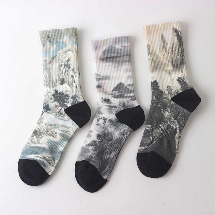 Buddha Stones, chinesische Tuschmalerei, Landschaftsmuster, Micro Crew, drei Paar Socken für Herren und Damen, Unisex - Drei Paar Socken mit Farbtupfern - Einheitsgröße (US 5,5–10, EU 37–42, UK/AU 4–9, Asien 23,5–26,5 cm) - image 0