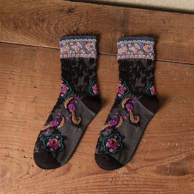 Buddha Stones Retro geprägtes Blumenmuster Micro Crew Damen Baumwollsocken - Schwarz - Einheitsgröße (US 4–9, EU 34–39, UK/AU 2,5–6, Asien 22–24,5 cm) - image 4