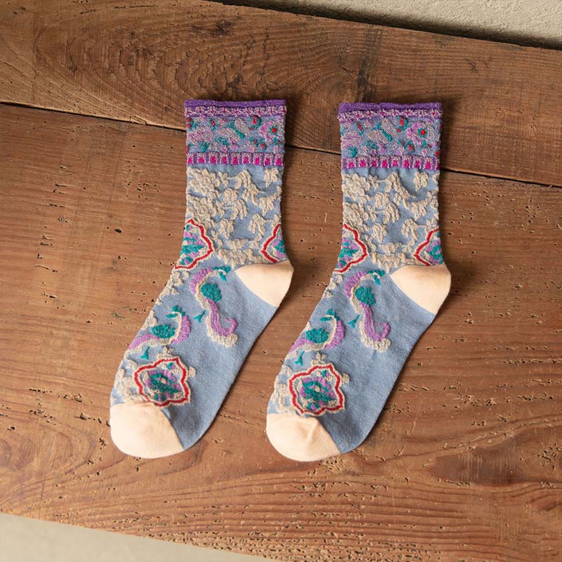 Buddha Stones Retro geprägtes Blumenmuster Micro Crew Damen Baumwollsocken - Hellstahlblau - Einheitsgröße (US 4–9, EU 34–39, UK/AU 2,5–6, Asien 22–24,5 cm) - image 17