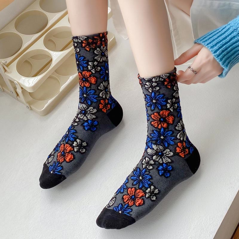 Buddha Stones Ethnic Textured Floral Kontrastierendes Farbdesign Damen Micro Crew Baumwollsocken - image 0