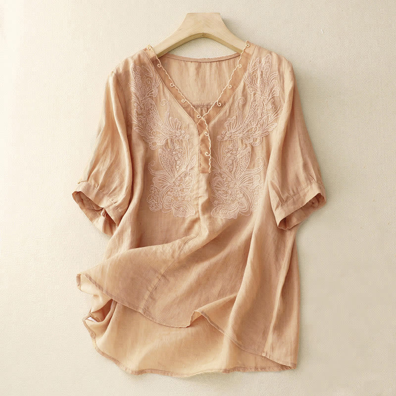 Buddha Stones V-Ausschnitt Schmetterling Damen Halbarm Shirt - BurlyWood - US14， UK/AU18，EU46 (2XL) - image 3