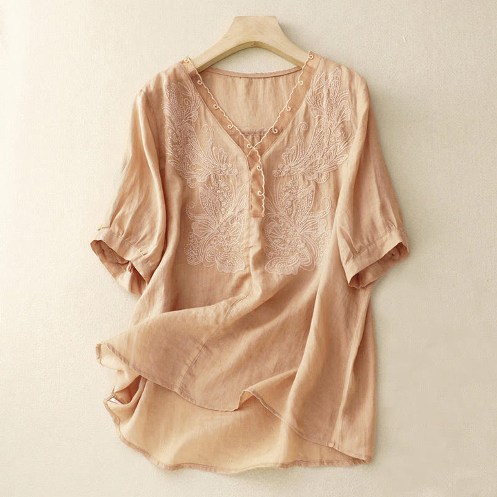 Buddha Stones V-Ausschnitt Schmetterling Damen Halbarm Shirt - BurlyWood - US14， UK/AU18，EU46 (2XL) - image 3