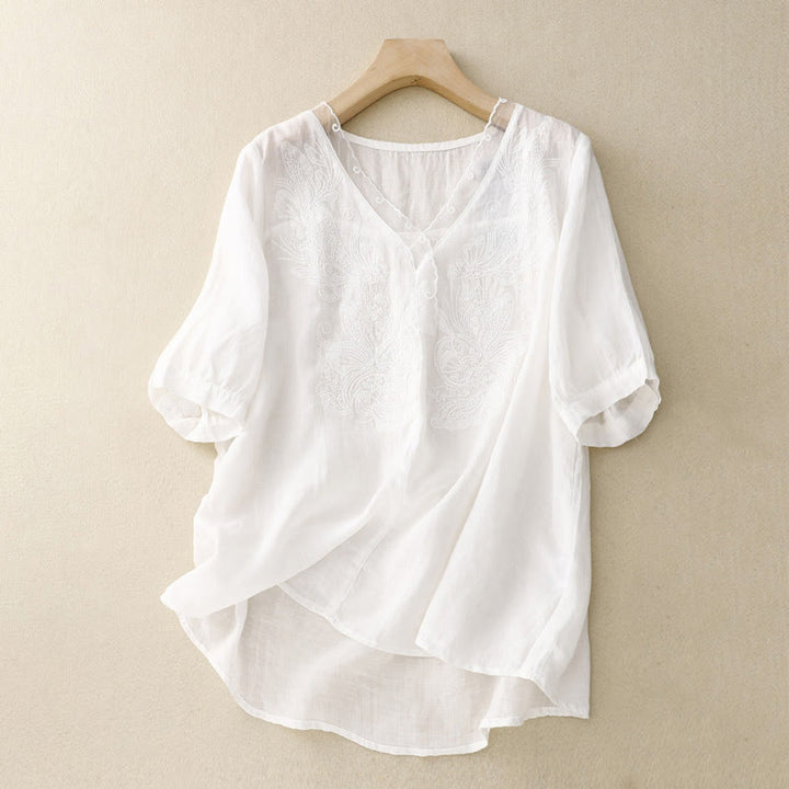 Buddha Stones V-Ausschnitt Schmetterling Damen Halbarm Shirt - Weiß - US14， UK/AU18，EU46 (2XL) - image 6