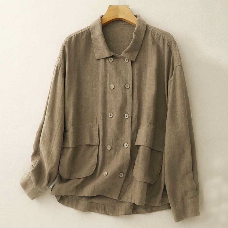 Buddha Stones Zweireihige Damen-Baumwolljacke mit langen Ärmeln und Taschen - image 1