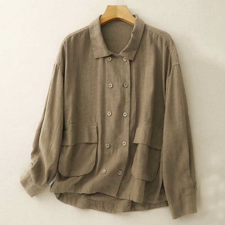 Buddha Stones Zweireihige Damen-Baumwolljacke mit langen Ärmeln und Taschen - image 1