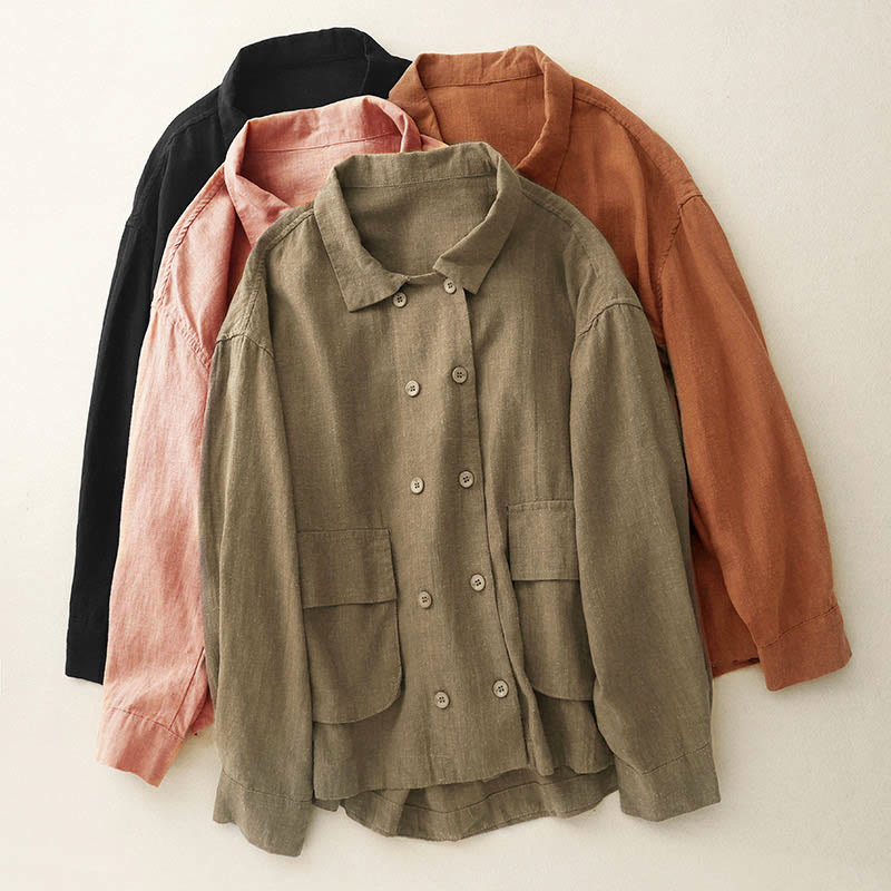 Buddha Stones Zweireihige Damen-Baumwolljacke mit langen Ärmeln und Taschen - image 0