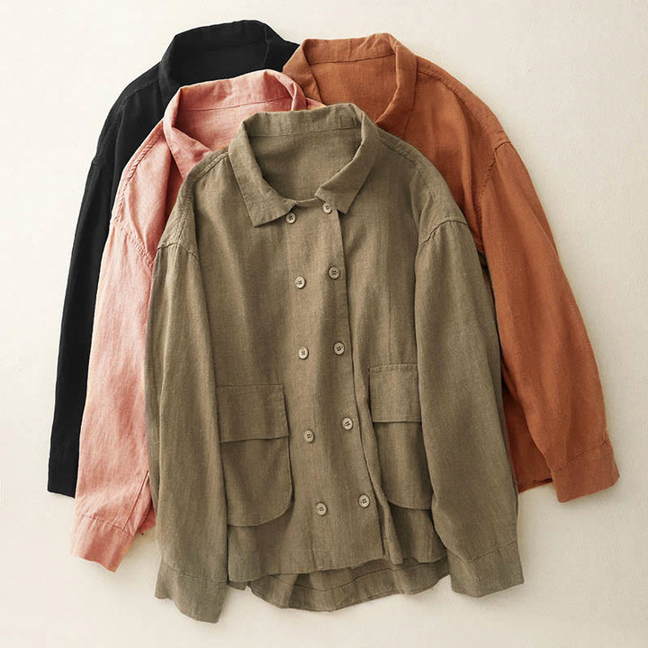 Buddha Stones Zweireihige Damen-Baumwolljacke mit langen Ärmeln und Taschen - image 0