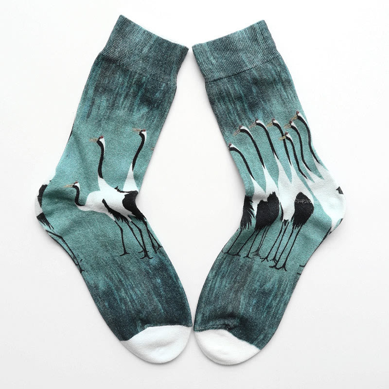 Buddha Stones Lässige weiße Kranich-Baumwoll-Micro-Crew-Socken für Damen - CadetBlue - S (US 4,5–7, EU 35–38, UK/AU 2,5–4,5, AISA 22,5–24,5 cm) - image 0