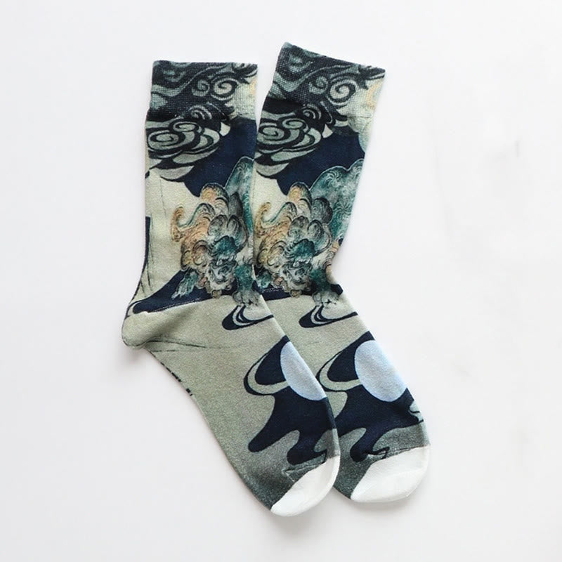Buddha Stones Lässige mehrfarbige Damensocken mit Wellen im Tintenstil aus Baumwolle mit Micro-Crew - image 1