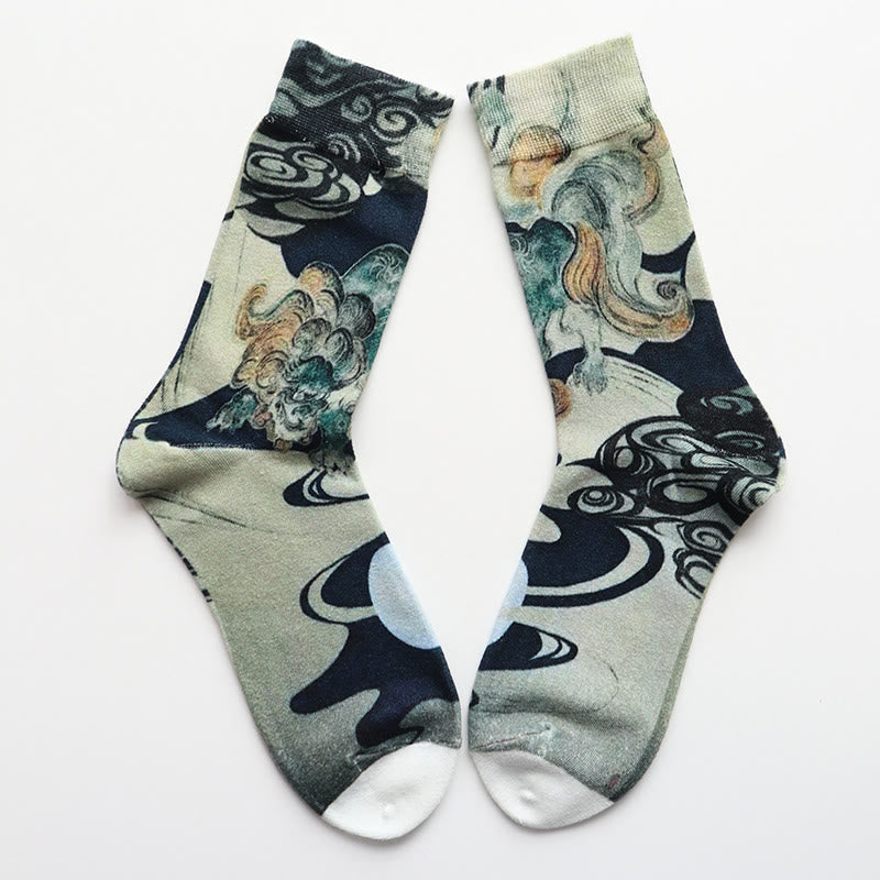 Buddha Stones Lässige mehrfarbige Damensocken mit Wellen im Tintenstil aus Baumwolle mit Micro-Crew - Honigtau - S (US 4,5–7, EU 35–38, UK/AU 2,5–4,5, AISA 22,5–24,5 cm) - image 0