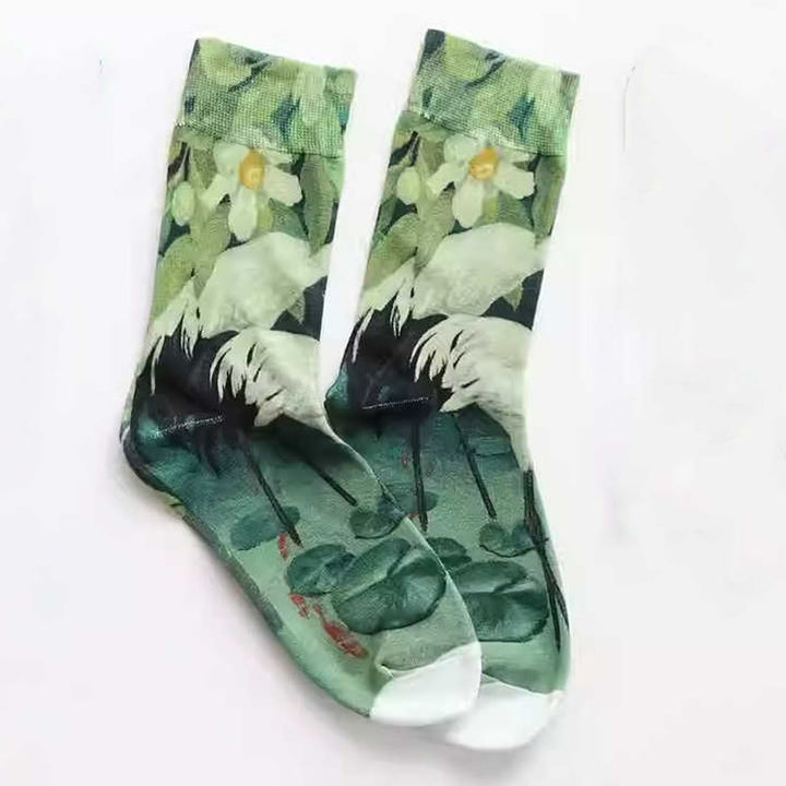 Buddha Stones Lässige Damensocken mit weißem Kranich, Blumenmuster, Lotusblatt, Koi-Fisch, Baumwolle, Micro Crew - image 1