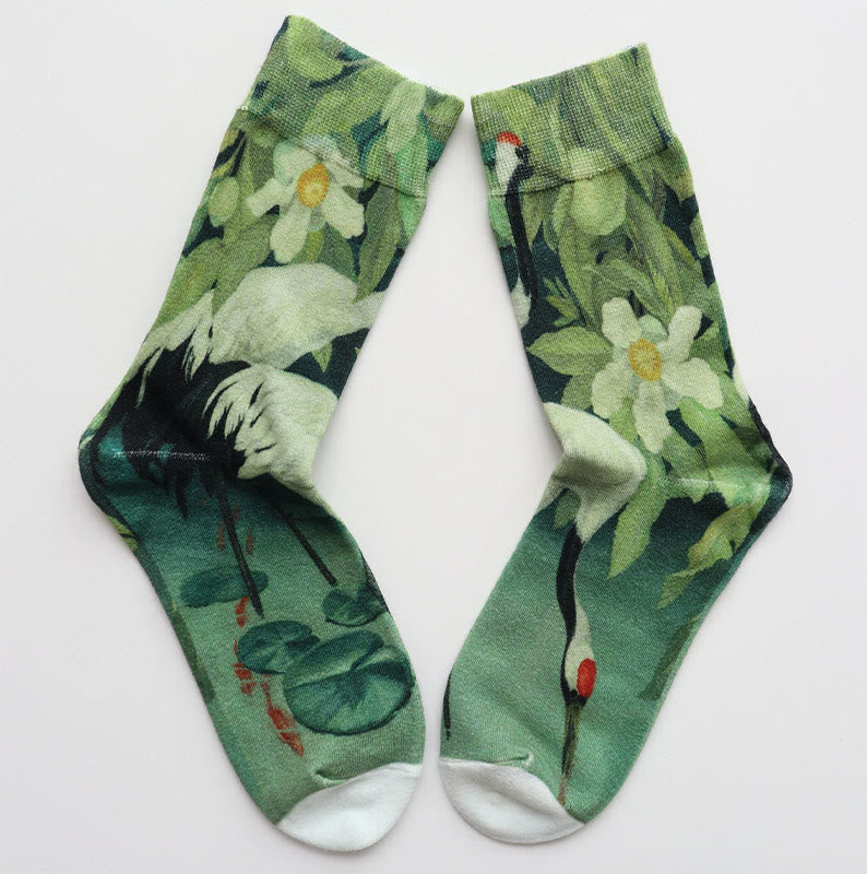 Buddha Stones Lässige Damensocken mit weißem Kranich, Blumenmuster, Lotusblatt, Koi-Fisch, Baumwolle, Micro Crew - MittelAquamarin - S (US 4,5–7, EU 35–38, UK/AU 2,5–4,5, AISA 22,5–24,5 cm) - image 0