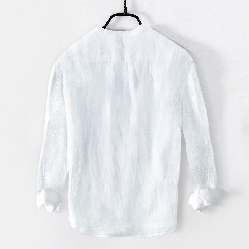 Buddha Stones Einfarbig Kurzarm Halbknopf Hemd Baumwollleinen Herren Kleidung - image 28