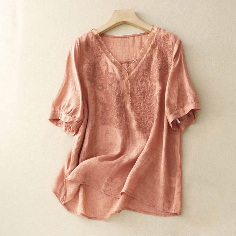 Buddha Stones V-Ausschnitt Schmetterling Damen Halbarm Shirt - SandyBrown - US14， UK/AU18，EU46 (2XL) - image 0