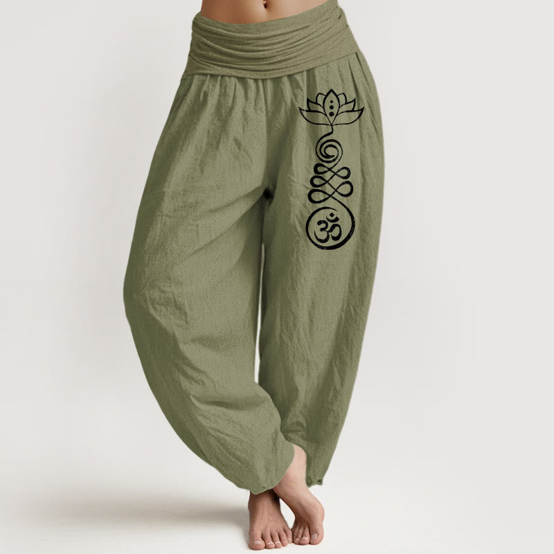 Buddha Stones Plain Lotus Om Muster Damen Haremshose aus Baumwolle mit elastischer Taille - Olivgrün - US22， UK/AU26，EU54 (6XL) - image 0