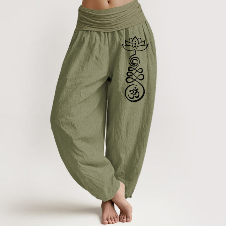 Buddha Stones Plain Lotus Om Muster Damen Haremshose aus Baumwolle mit elastischer Taille - Olivgrün - US22， UK/AU26，EU54 (6XL) - image 0