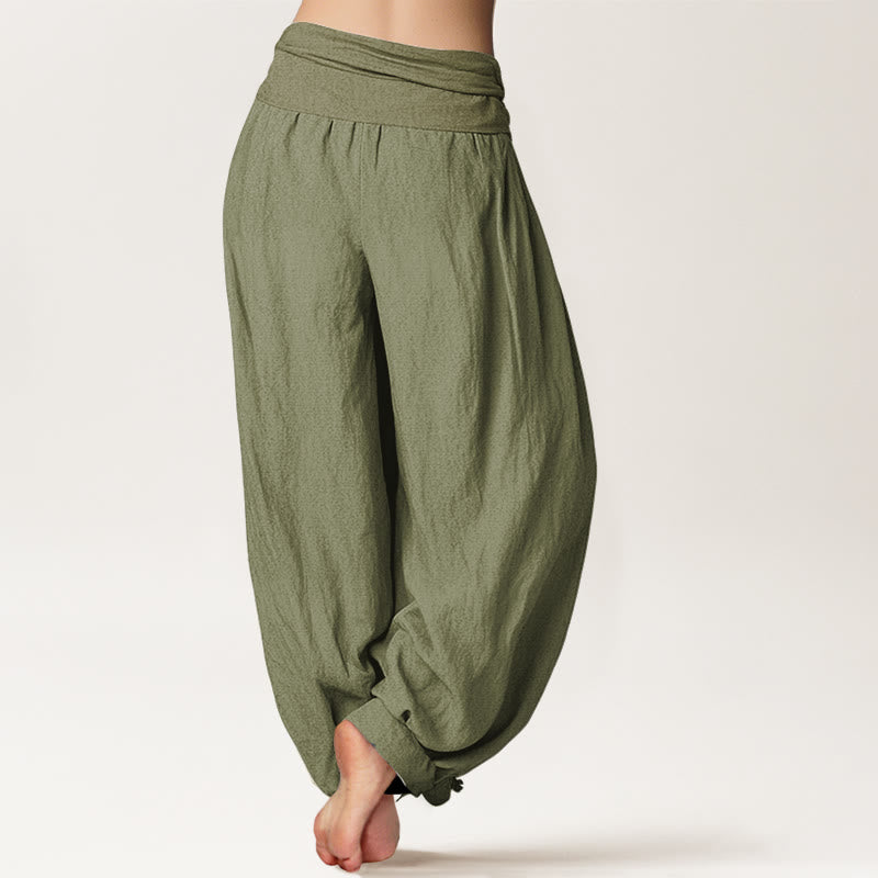 Buddha Stones Plain Lotus Om Muster Damen Haremshose aus Baumwolle mit elastischer Taille - image 1
