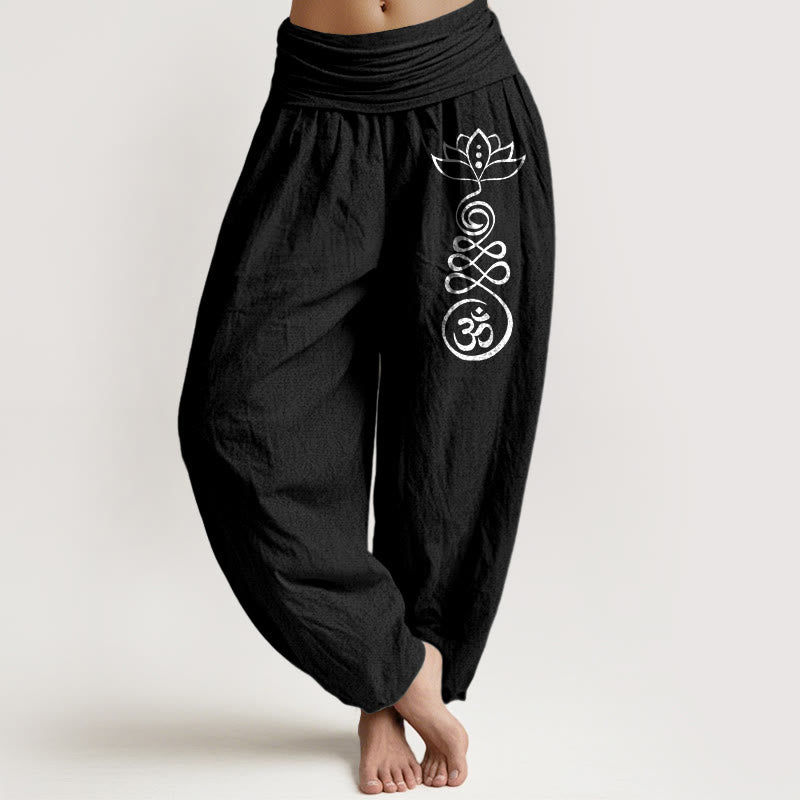 Buddha Stones Plain Lotus Om Muster Damen Haremshose aus Baumwolle mit elastischer Taille - Schwarz - US22， UK/AU26，EU54 (6XL) - image 5