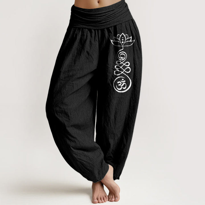 Buddha Stones Plain Lotus Om Muster Damen Haremshose aus Baumwolle mit elastischer Taille - Schwarz - US22， UK/AU26，EU54 (6XL) - image 5