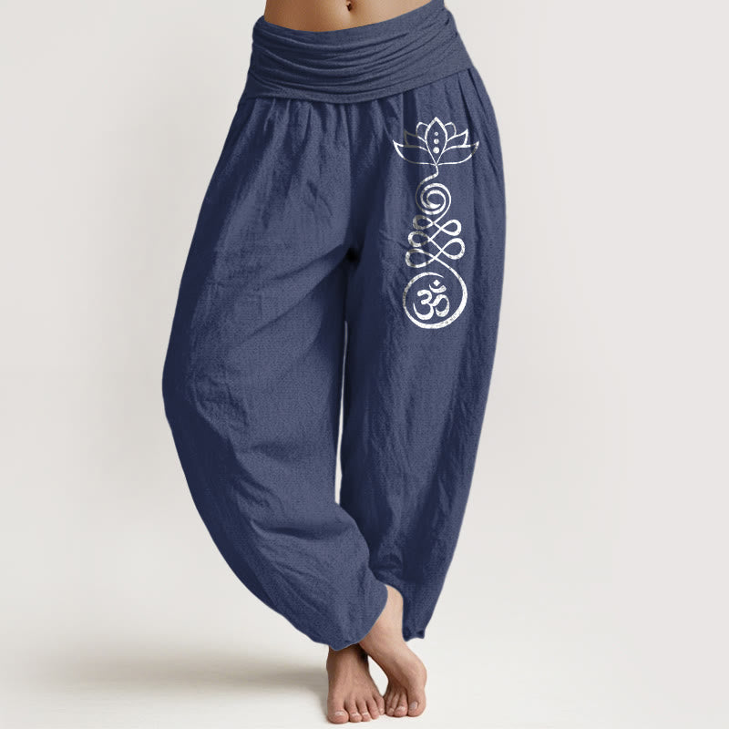 Buddha Stones Plain Lotus Om Muster Damen Haremshose aus Baumwolle mit elastischer Taille - DunkelSchieferblau - US22， UK/AU26，EU54 (6XL) - image 8