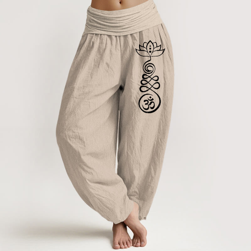 Buddha Stones Plain Lotus Om Muster Damen Haremshose aus Baumwolle mit elastischer Taille - Bräunen - US22， UK/AU26，EU54 (6XL) - image 14
