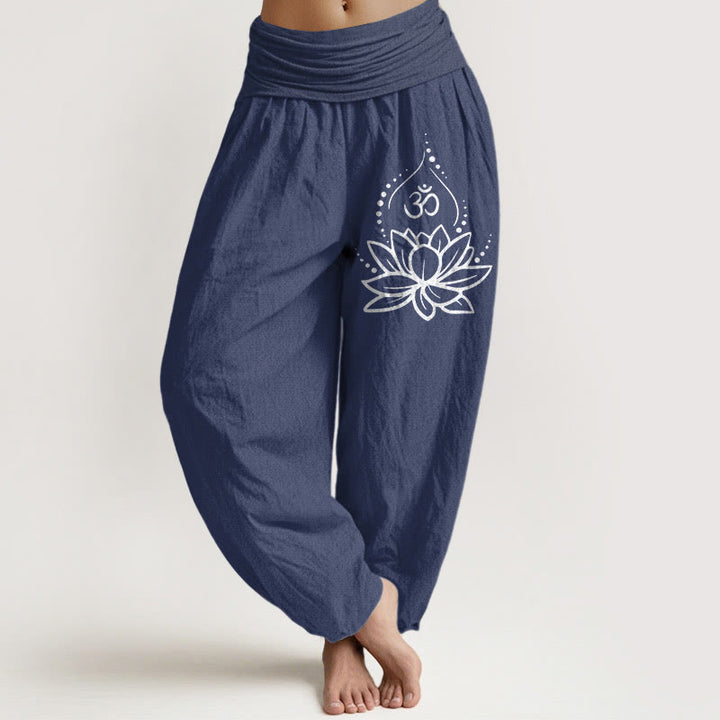 Buddha Stones Blooming Lotus Om Symbol Muster Damen Haremshose aus Baumwolle mit elastischer Taille - Dunkelschieferblau - US22, UK/AU26, EU54 (6XL) - image 0