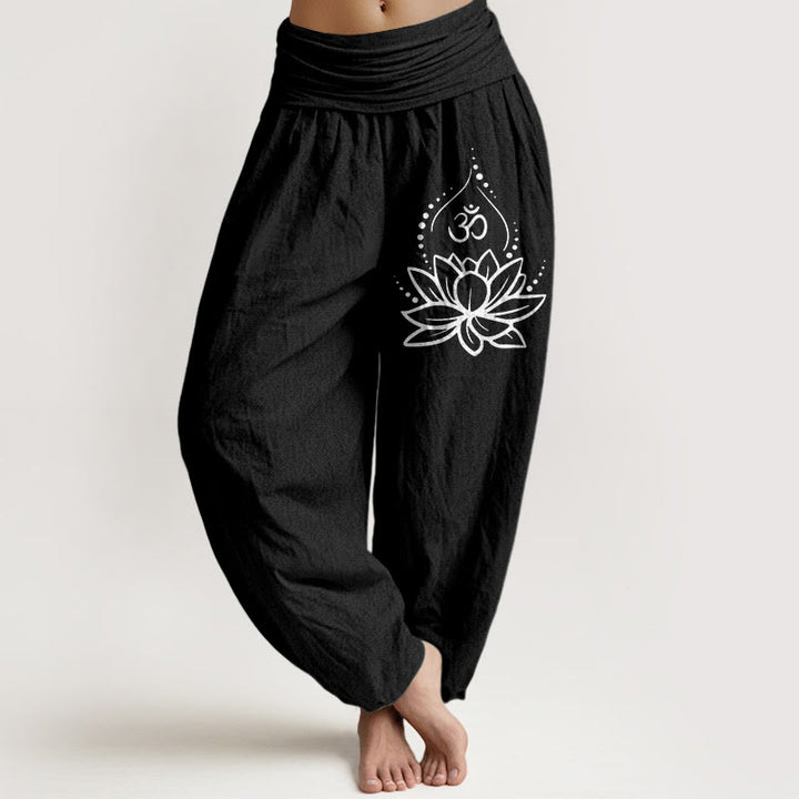 Buddha Stones Blooming Lotus Om Symbol Muster Damen Haremshose aus Baumwolle mit elastischer Taille - Schwarz - US22， UK/AU26，EU54 (6XL) - image 5