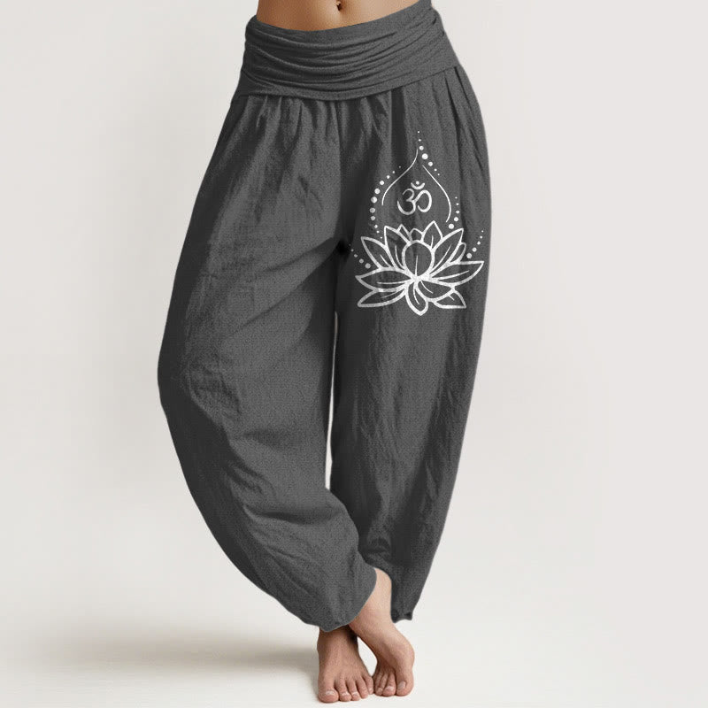 Buddha Stones Blooming Lotus Om Symbol Muster Damen Haremshose aus Baumwolle mit elastischer Taille - DimGray - US22, UK/AU26, EU54 (6XL) - image 8