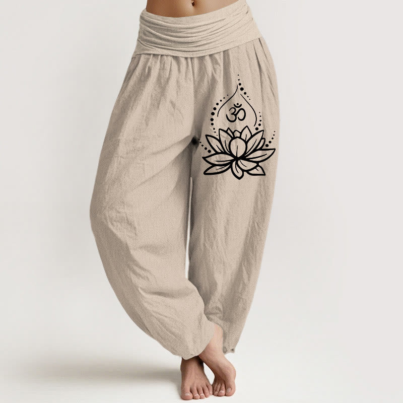 Buddha Stones Blooming Lotus Om Symbol Muster Damen Haremshose aus Baumwolle mit elastischer Taille - Bräunen - US22， UK/AU26，EU54 (6XL) - image 11