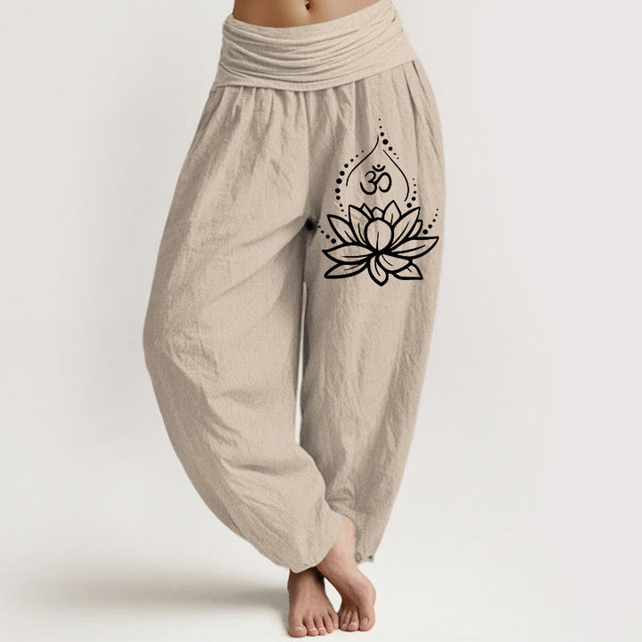 Buddha Stones Blooming Lotus Om Symbol Muster Damen Haremshose aus Baumwolle mit elastischer Taille - Bräunen - US22， UK/AU26，EU54 (6XL) - image 11