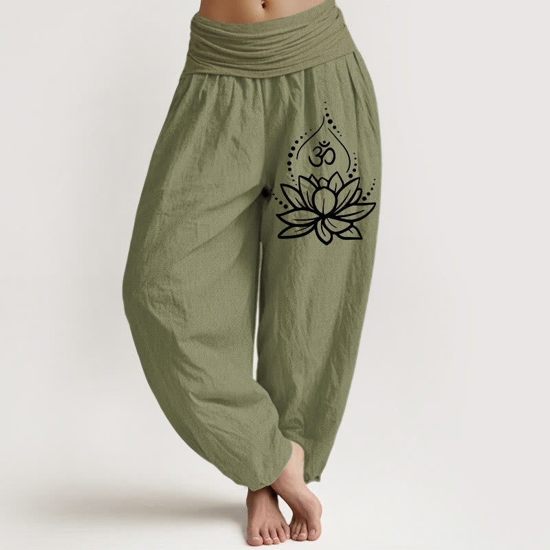 Buddha Stones Blooming Lotus Om Symbol Muster Damen Haremshose aus Baumwolle mit elastischer Taille - Olivgrün - US22， UK/AU26，EU54 (6XL) - image 14