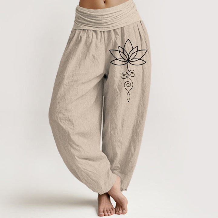 Buddha Stones Lotus Unalome Symbol Muster Damen Haremshose aus reiner Baumwolle mit elastischer Taille - Bräunen - US22， UK/AU26，EU54 (6XL) - image 0