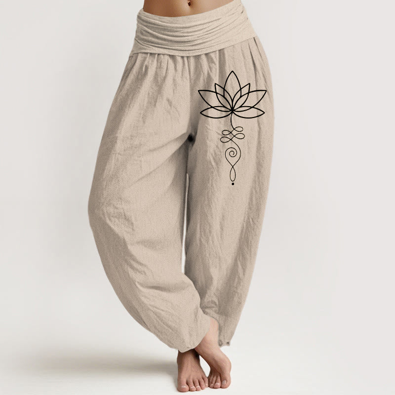 Buddha Stones Lotus Unalome Symbol Muster Damen Haremshose aus reiner Baumwolle mit elastischer Taille - Bräunen - US22, UK/AU26, EU54 (6XL) - image 0