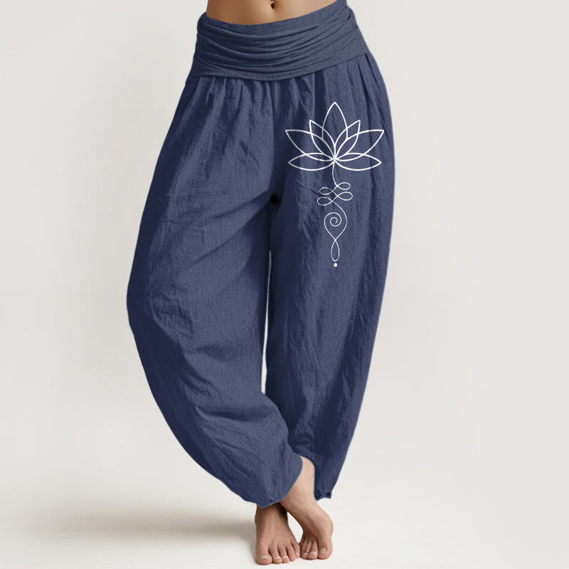 Buddha Stones Lotus Unalome Symbol Muster Damen Haremshose aus reiner Baumwolle mit elastischer Taille - DunkelSchieferblau - US22， UK/AU26，EU54 (6XL) - image 8